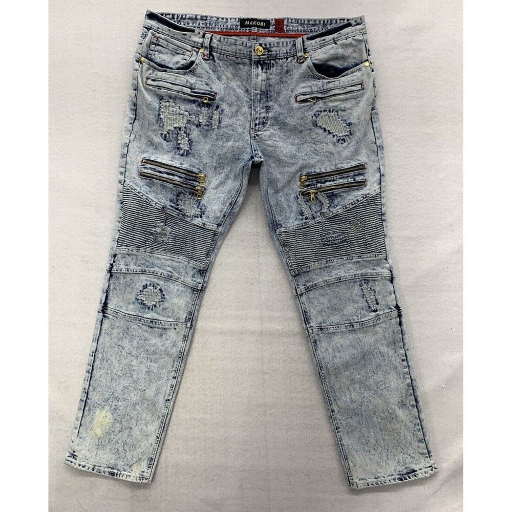 Makobi Denim Jeans Men's 40X32 Stonewash Moto Biker Factory Distressed Destroyed